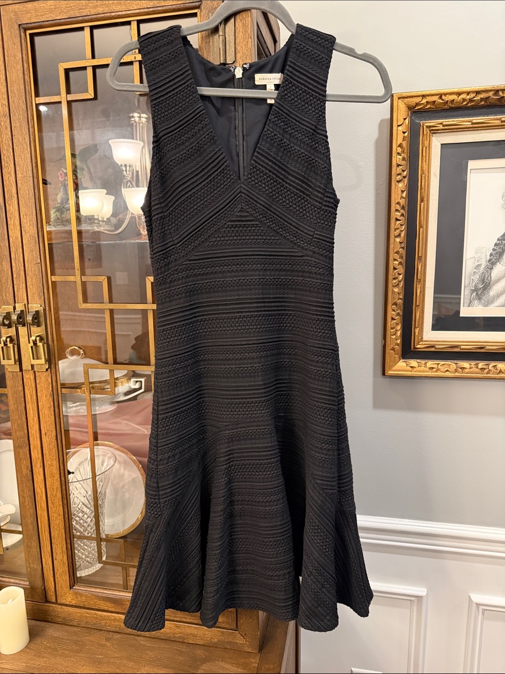 Rebecca Taylor Black Sleeveless V-Neck Textured Midi Dress
